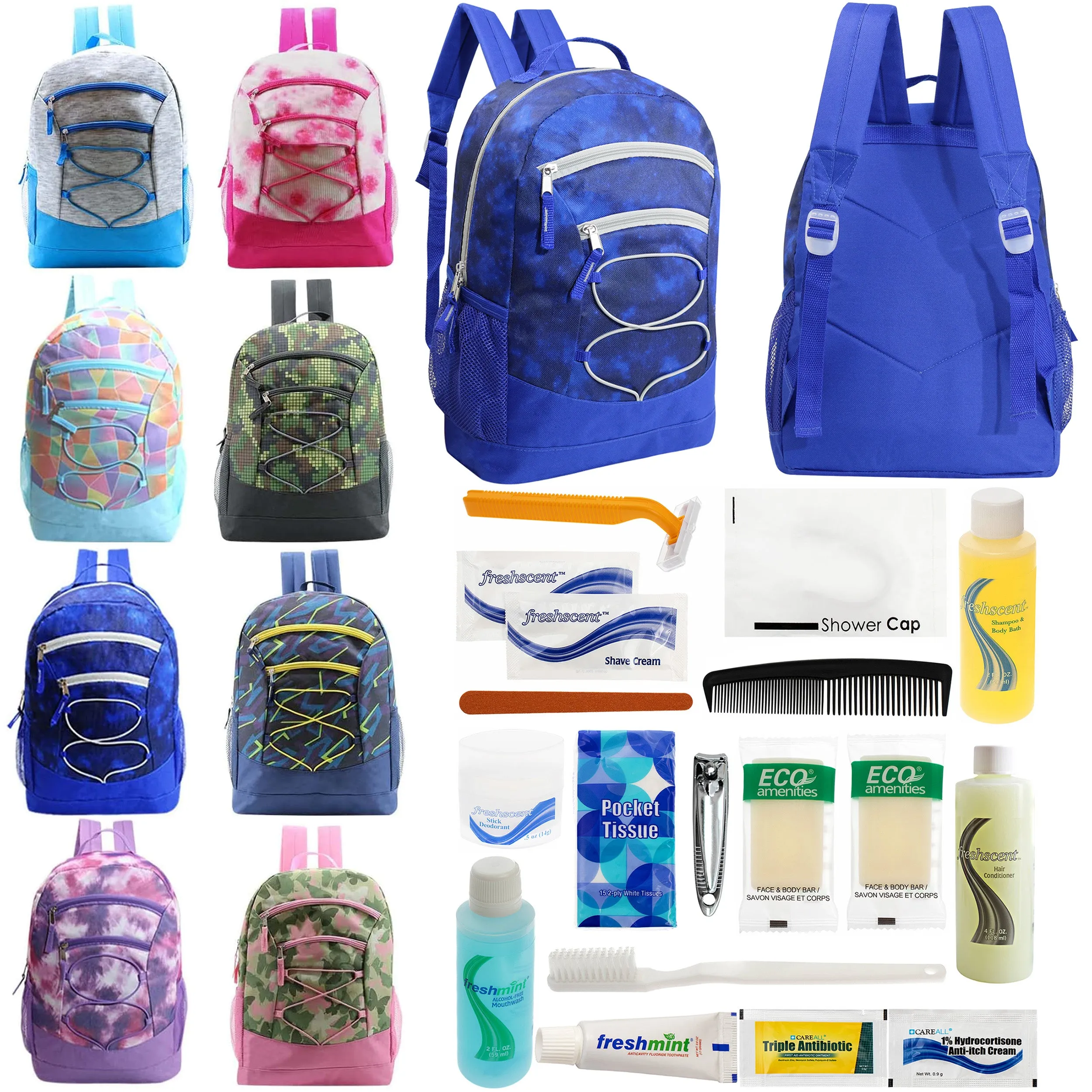 12 Bungee 17" Backpacks in 8 Colors & Your Choice of 12 Bulk Hygiene Kits - Wholesale Care Package: Homeless, Emergency, Charity