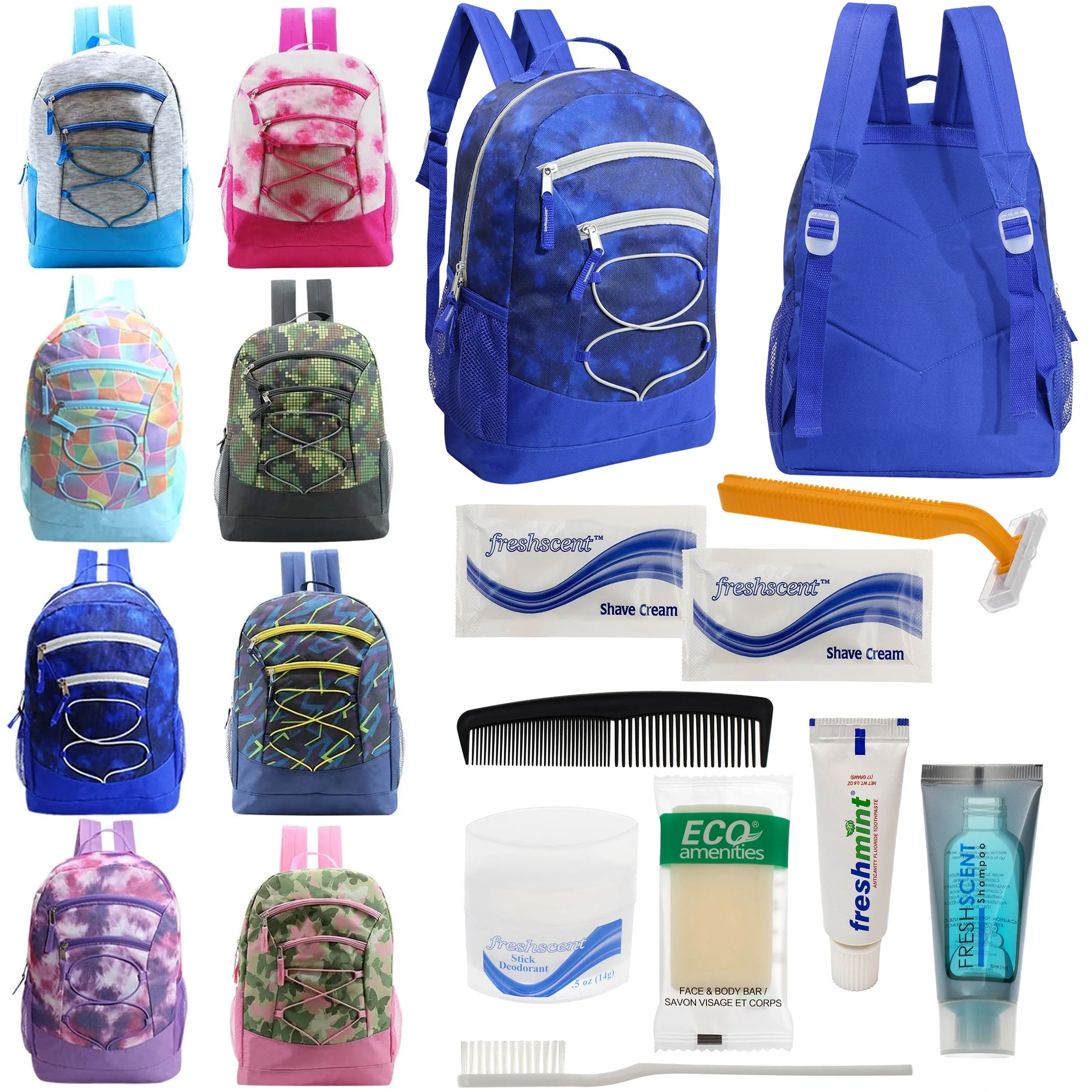 12 Bungee 17" Backpacks in 8 Colors & Your Choice of 12 Bulk Hygiene Kits - Wholesale Care Package: Homeless, Emergency, Charity