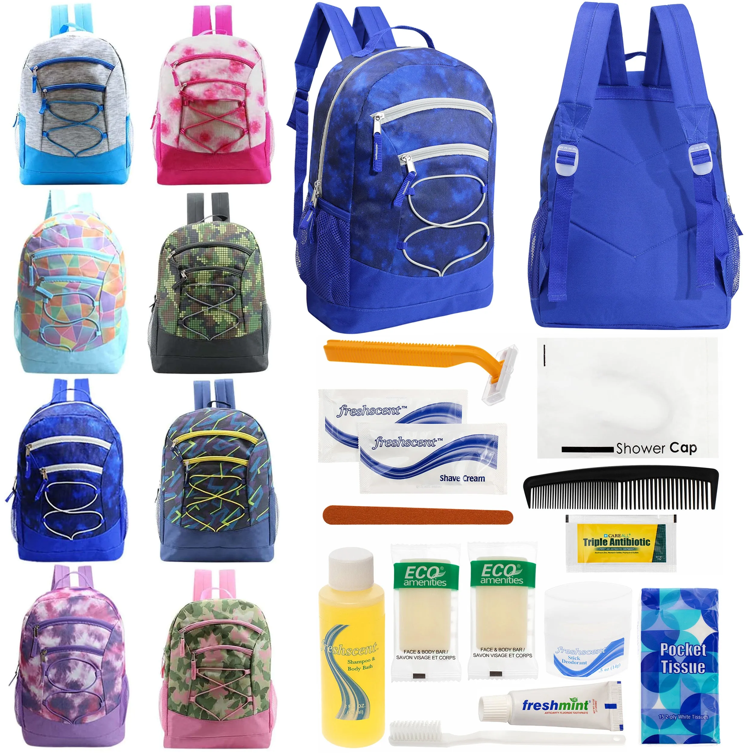 12 Bungee 17" Backpacks in 8 Colors & Your Choice of 12 Bulk Hygiene Kits - Wholesale Care Package: Homeless, Emergency, Charity