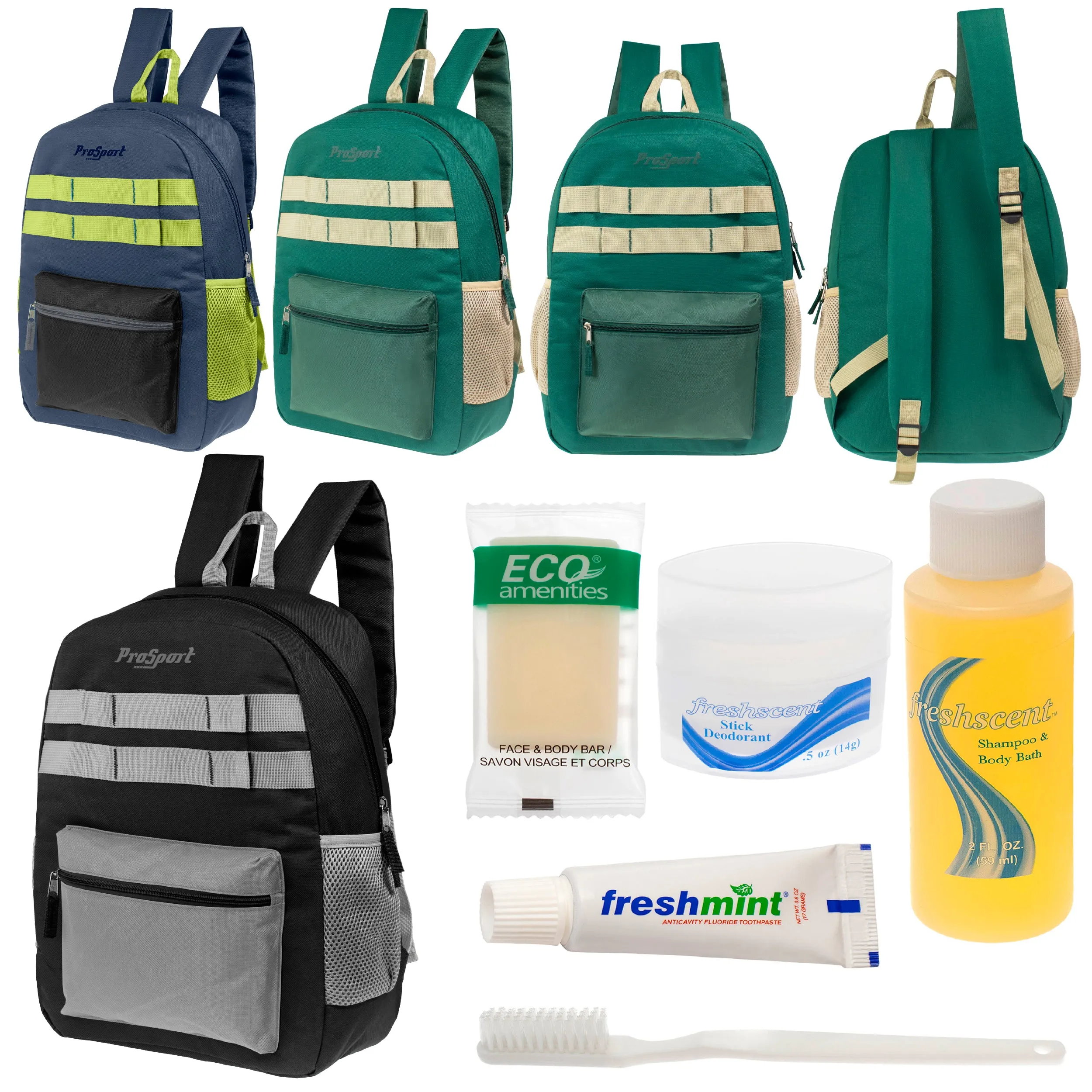 12 Multi-Color 17" Backpacks w/Accent Trim & Your Choice of 12 Bulk Hygiene Kits - Wholesale Care Package: Homeless, Emergency, Charity