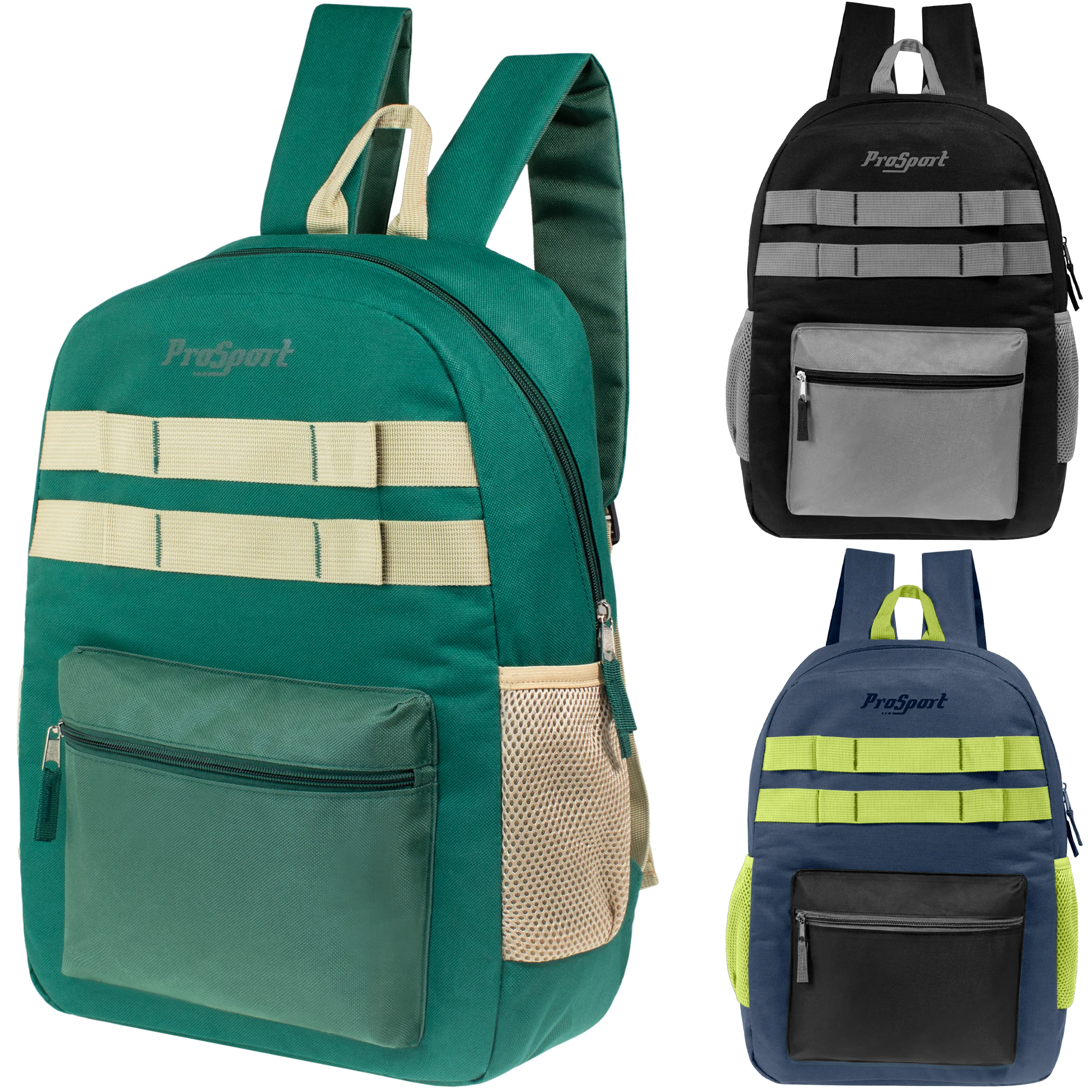 12 Multi-Color 17" Backpacks w/Accent Trim & Your Choice of 12 Bulk Hygiene Kits - Wholesale Care Package: Homeless, Emergency, Charity