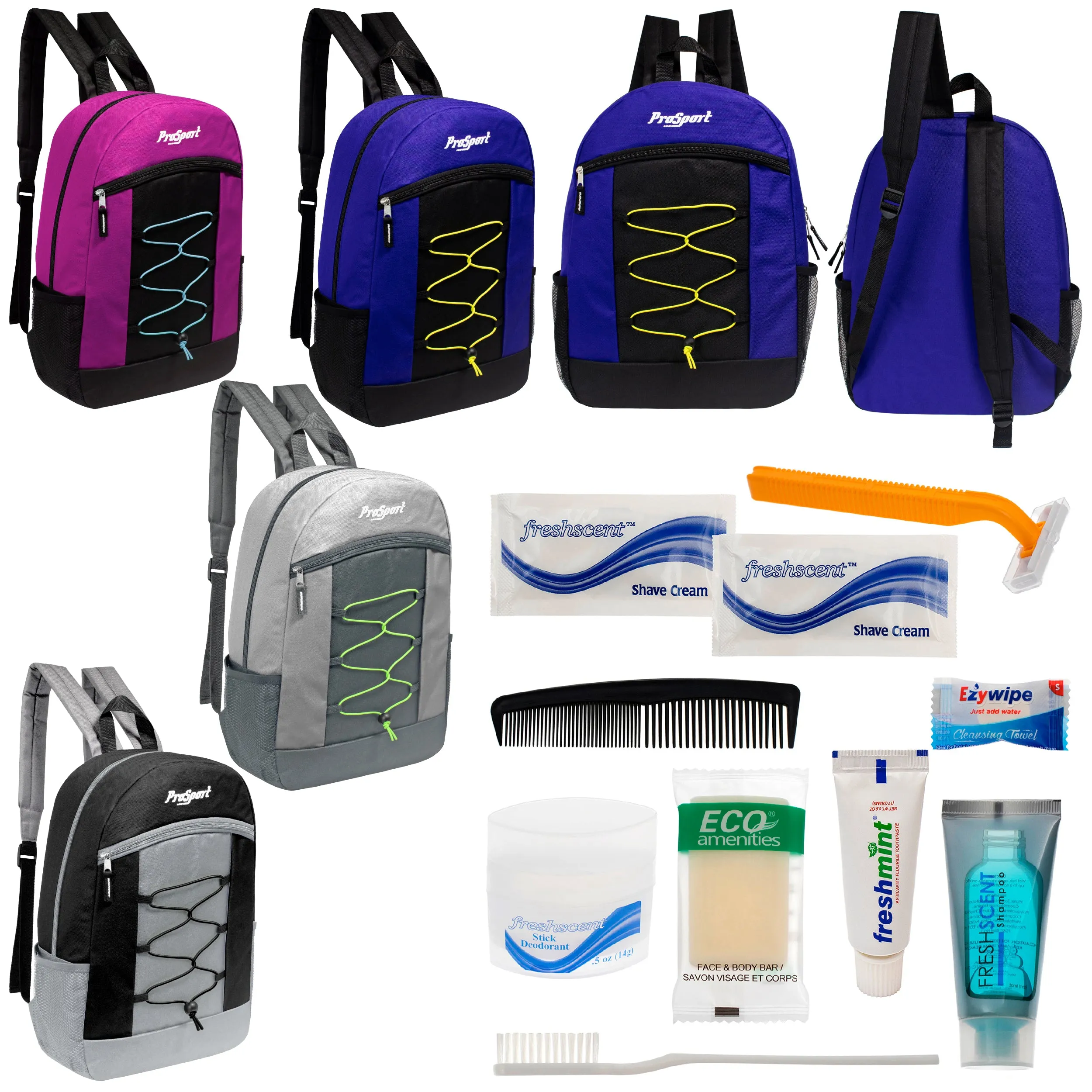 12 Multi-Color 17" Bungee Backpacks in 4 Color Combinations & Your Choice of 12 Bulk Hygiene Kits - Wholesale Care Package: Homeless, Emergency, Charity