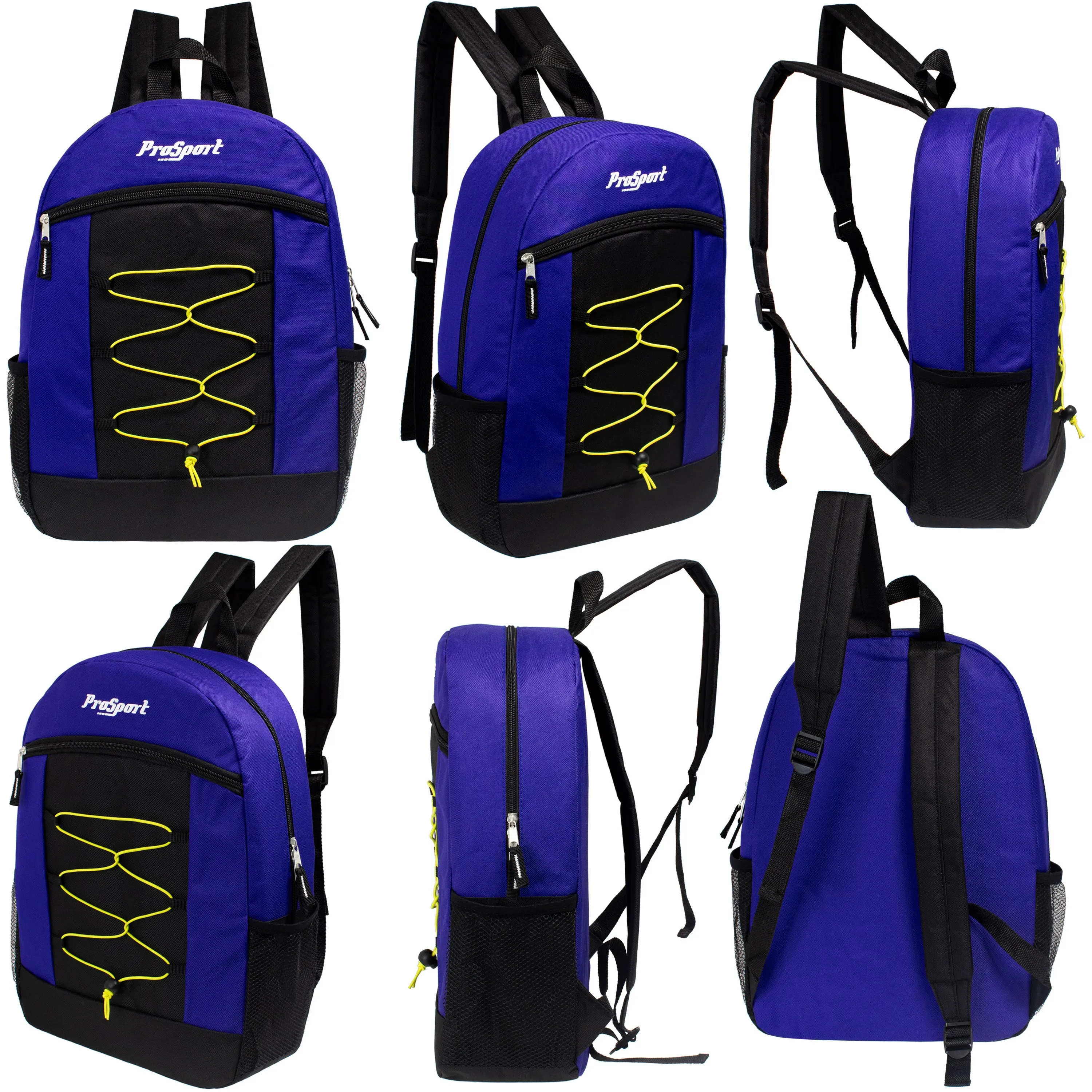 12 Multi-Color 17" Bungee Backpacks in 4 Color Combinations & Your Choice of 12 Bulk Hygiene Kits - Wholesale Care Package: Homeless, Emergency, Charity