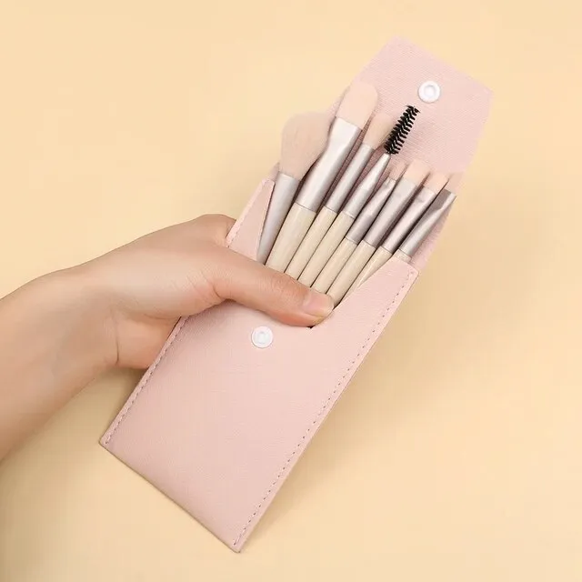 8 mini makeup brush set Morandi portable makeup brush soft hair beauty tool brush with leather bag cover