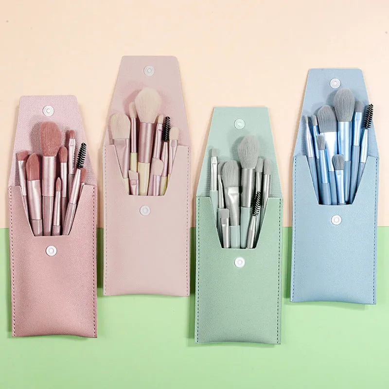 8 mini makeup brush set Morandi portable makeup brush soft hair beauty tool brush with leather bag cover