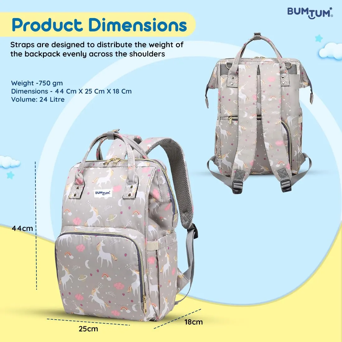 Bumtum Baby Diaper Bag for Mothers | Spacious Waterproof Backpack with Multiple Pockets to Easily Organise Baby Essentials, Various Sized Pockets (Unicon Print, Grey)