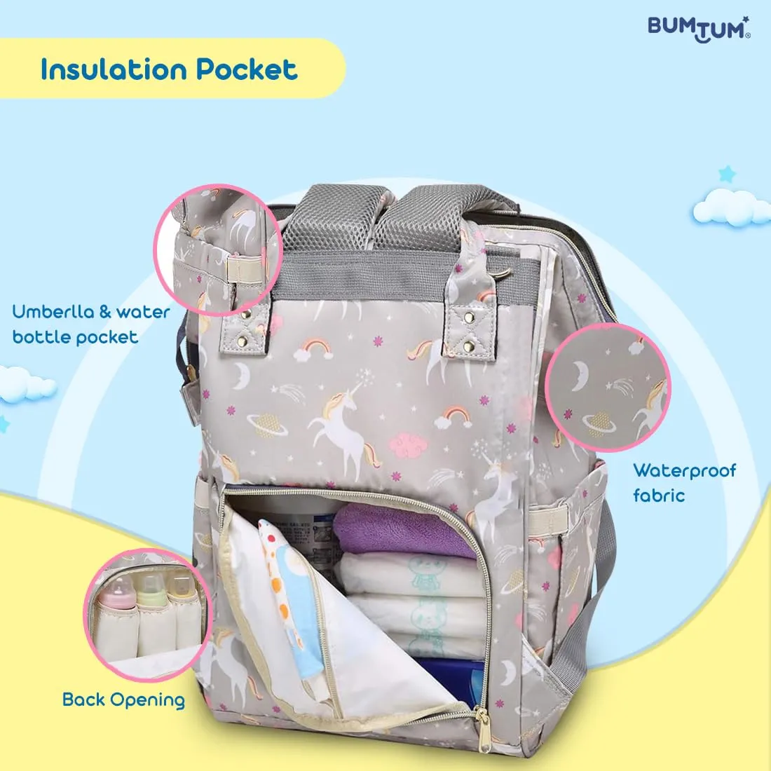 Bumtum Baby Diaper Bag for Mothers | Spacious Waterproof Backpack with Multiple Pockets to Easily Organise Baby Essentials, Various Sized Pockets (Unicon Print, Grey)