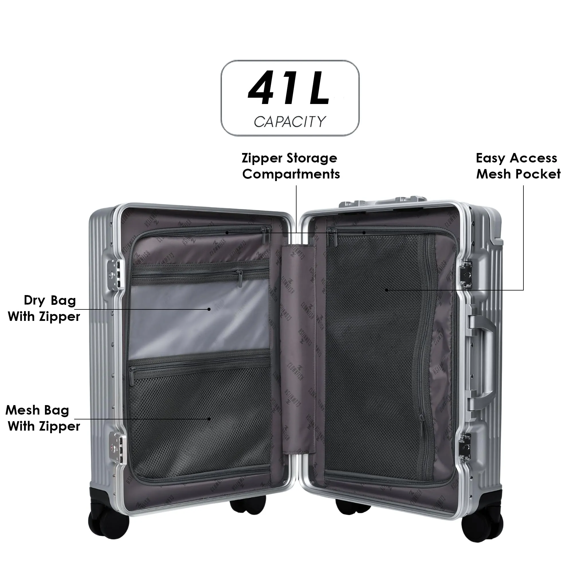 Clownfish Aeroglide Series Trolley Bags for Travel | Suitcase for Travel | Cabin Trolley Bags Luggage Bags | Polycarbonate | 41 litres | Metallic Silver