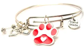 Hand Painted Center Heart Paw Print Red Expandable Bangle Bracelet Set