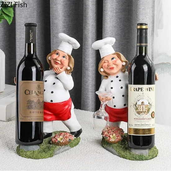 Kitchen French Chef Wine Rack Cup and Menue Holders Figurines Statues