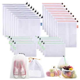 Kuber Industries Mesh Storage Bag | Reusable Mesh Bags | Carry Bags for Fruits-Vegetables-Toys-Groceries | 8 Small-8 Medium-8 Large Travel Storage Bags | 24 Piece Set | White