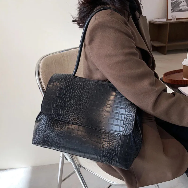 Spacious Crocodile Skin Inspired Fashion Vegan Leather Shoulder Bags