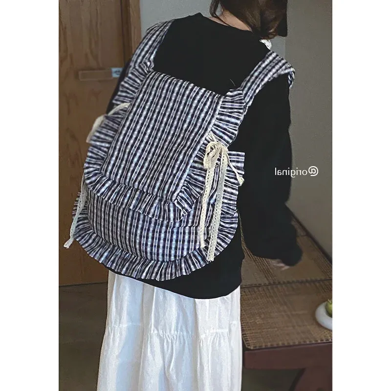 TAVIMART  -  Sweet Plaid Backpack for Women 2024 New Ruffled Edge Large Capacity Crossbody Pillow Bags