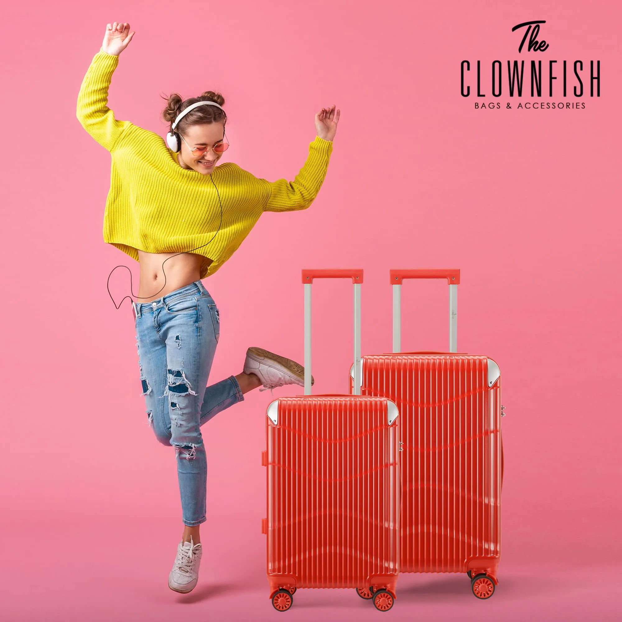 THE CLOWNFISH Combo of 2 Ballard Series Luggage ABS & Polycarbonate Exterior Suitcases Eight Wheel Trolley Bags with TSA Lock-Red (Medium 65 cm-26 inch, Small 55 cm-22 inch)