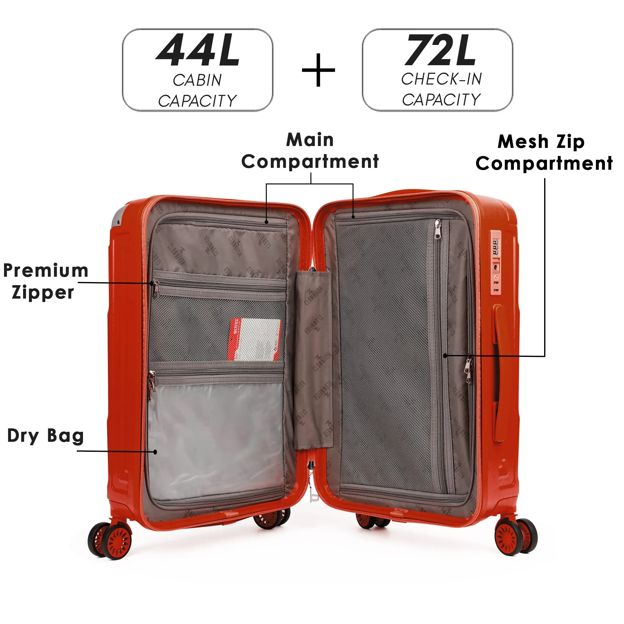 THE CLOWNFISH Combo of 2 Ballard Series Luggage ABS & Polycarbonate Exterior Suitcases Eight Wheel Trolley Bags with TSA Lock-Red (Medium 65 cm-26 inch, Small 55 cm-22 inch)