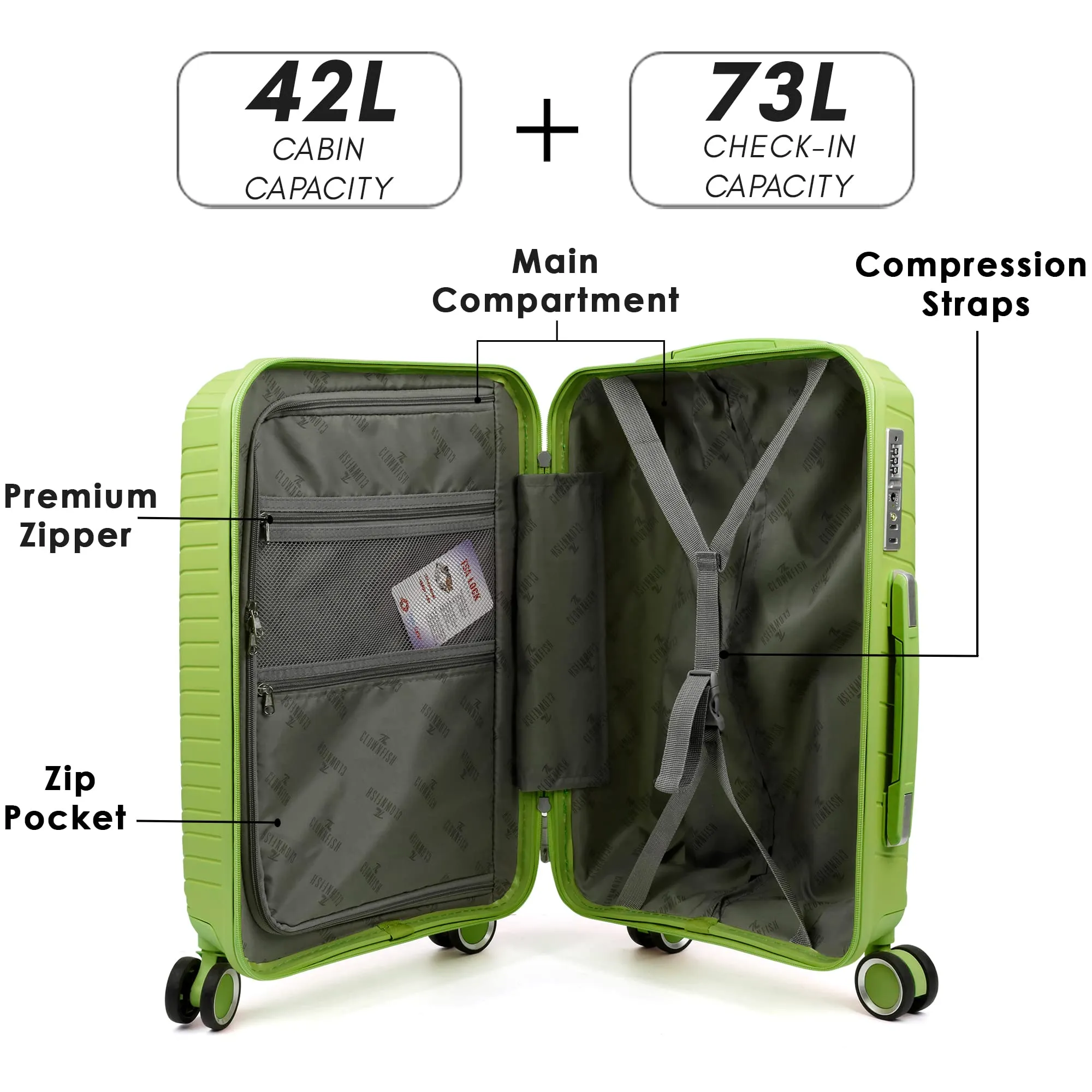 THE CLOWNFISH Combo of 2 Denzel Series Luggage Polypropylene Hard Case Suitcases Eight Wheel Trolley Bags with TSA Lock- Green (Medium 66 cm-26 inch, Small 56 cm-22 inch)