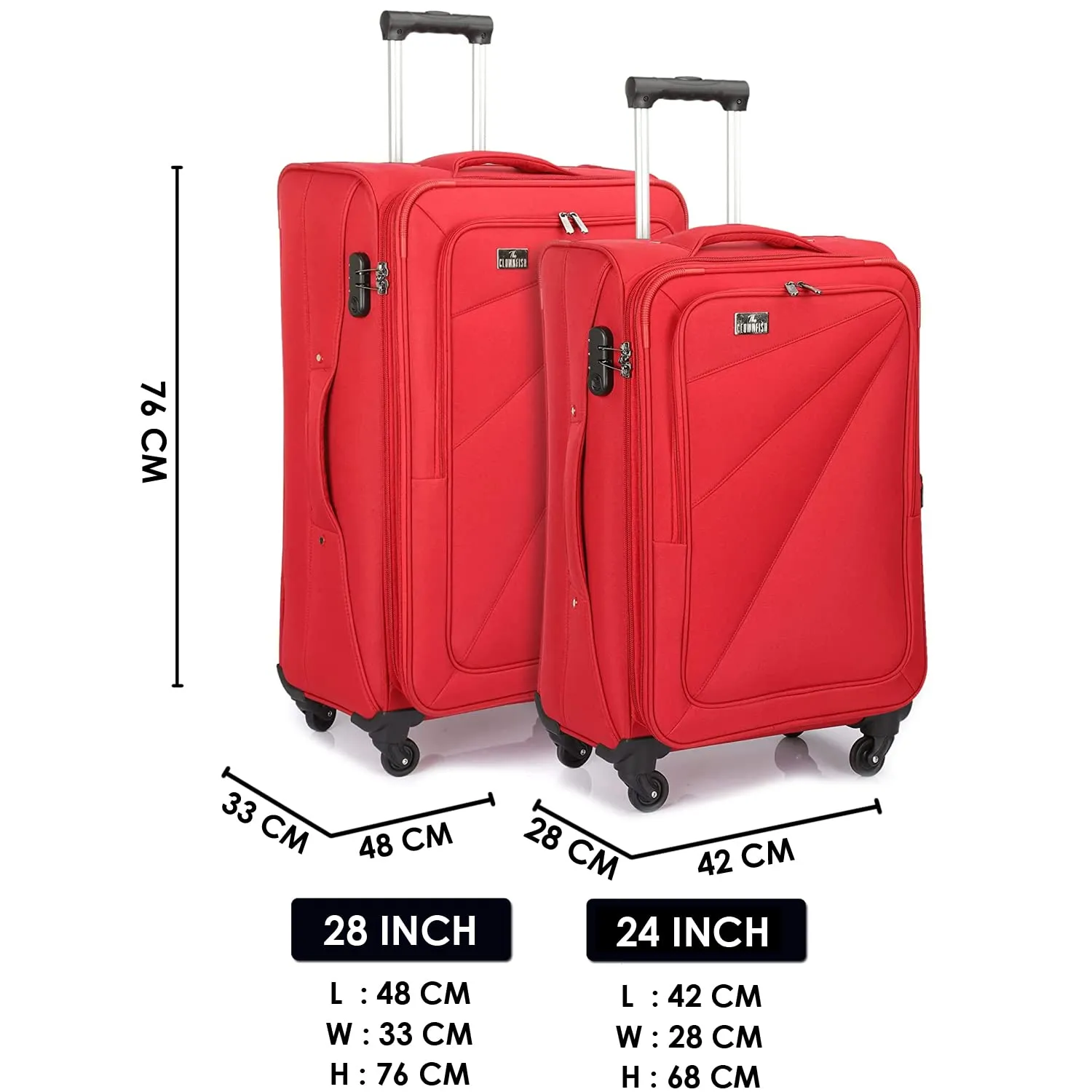 THE CLOWNFISH Combo of 2 Farren Series Luggage Polyester Softcase Suitcases Varied Sizes Four Wheel Trolley Bags - Red (76 cm, 68 cm)