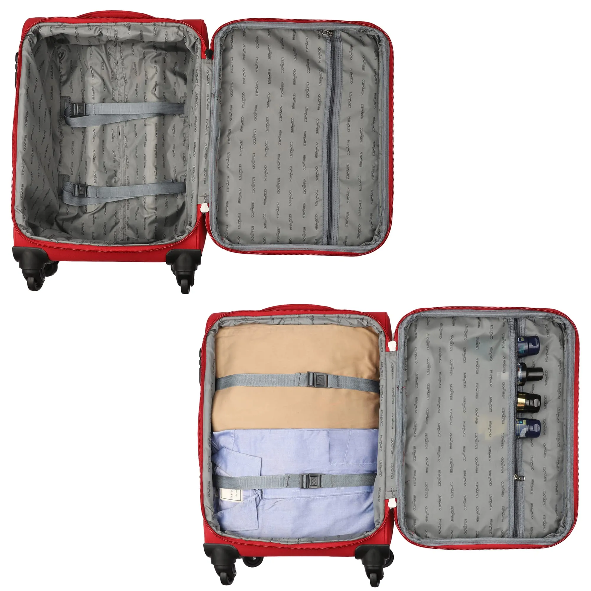 THE CLOWNFISH Combo of 2 Farren Series Luggage Polyester Softcase Suitcases Varied Sizes Four Wheel Trolley Bags - Red (76 cm, 68 cm)