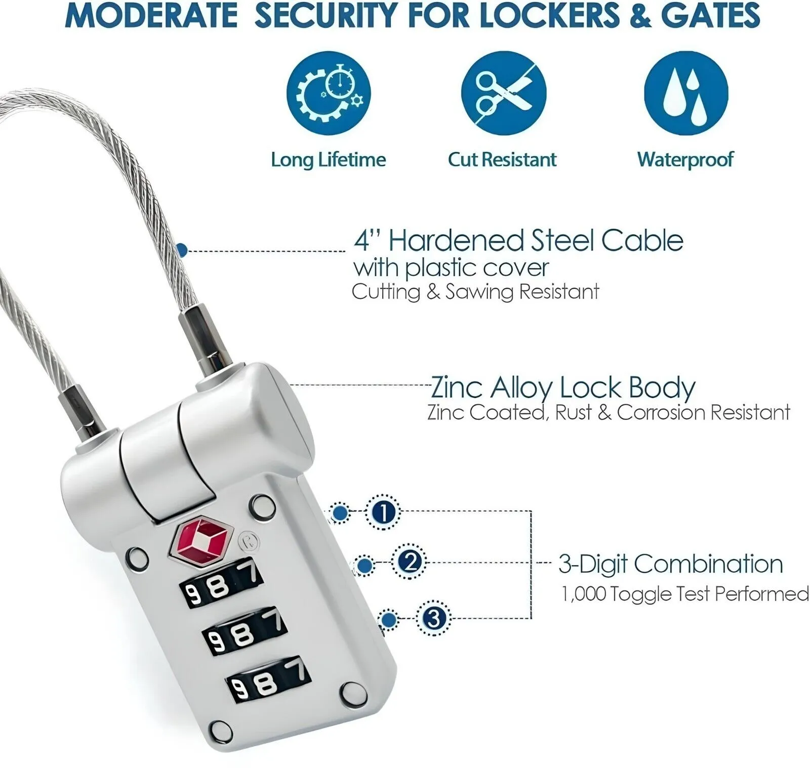 TSA Approved Luggage Locks, 2 Pack, 3-Digit Security Combination,Stainless Steel, Flexible Cable, Travel Accessories for Luggage Bag and Cases