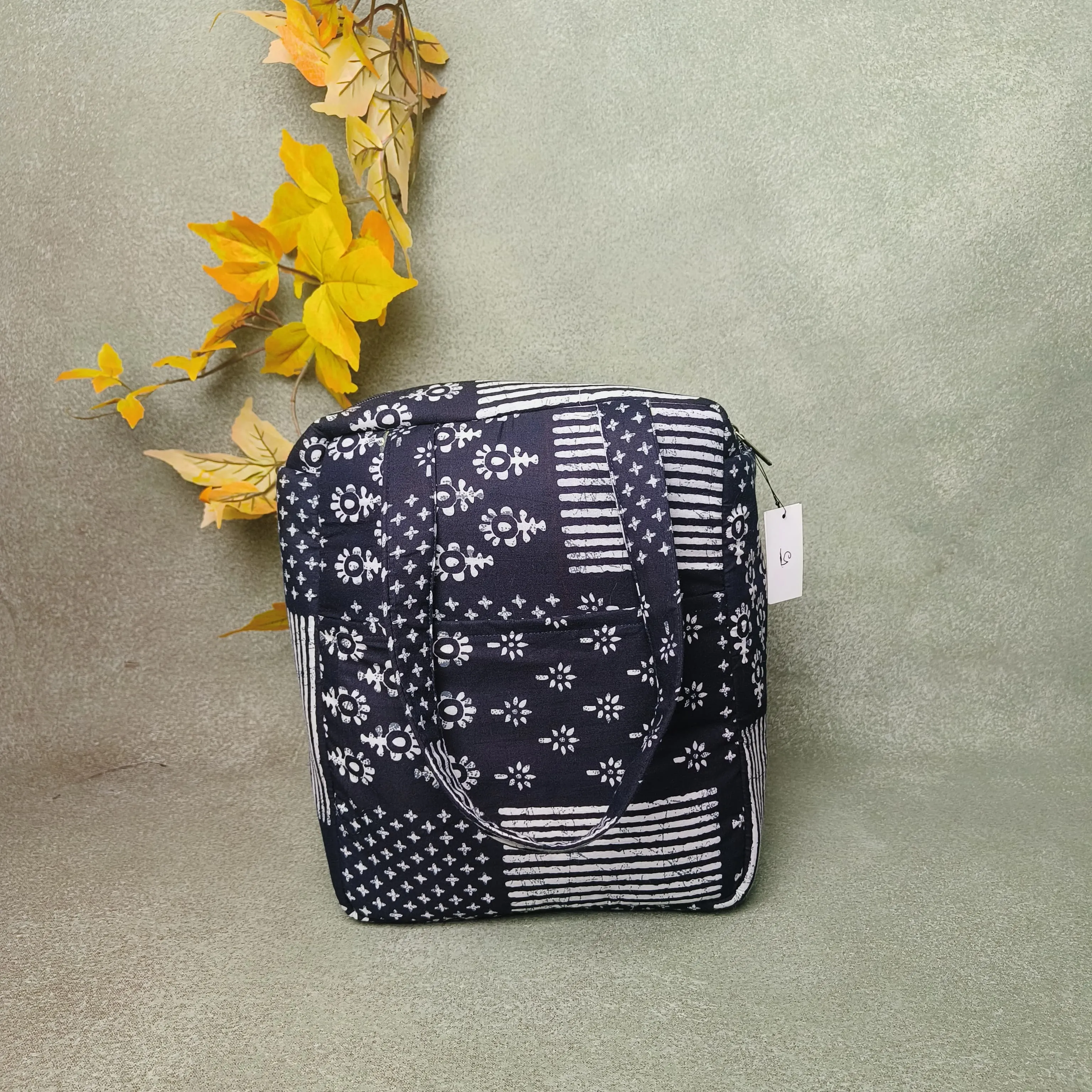 Water Proof Cotton Lunch Bag Black Multi Design