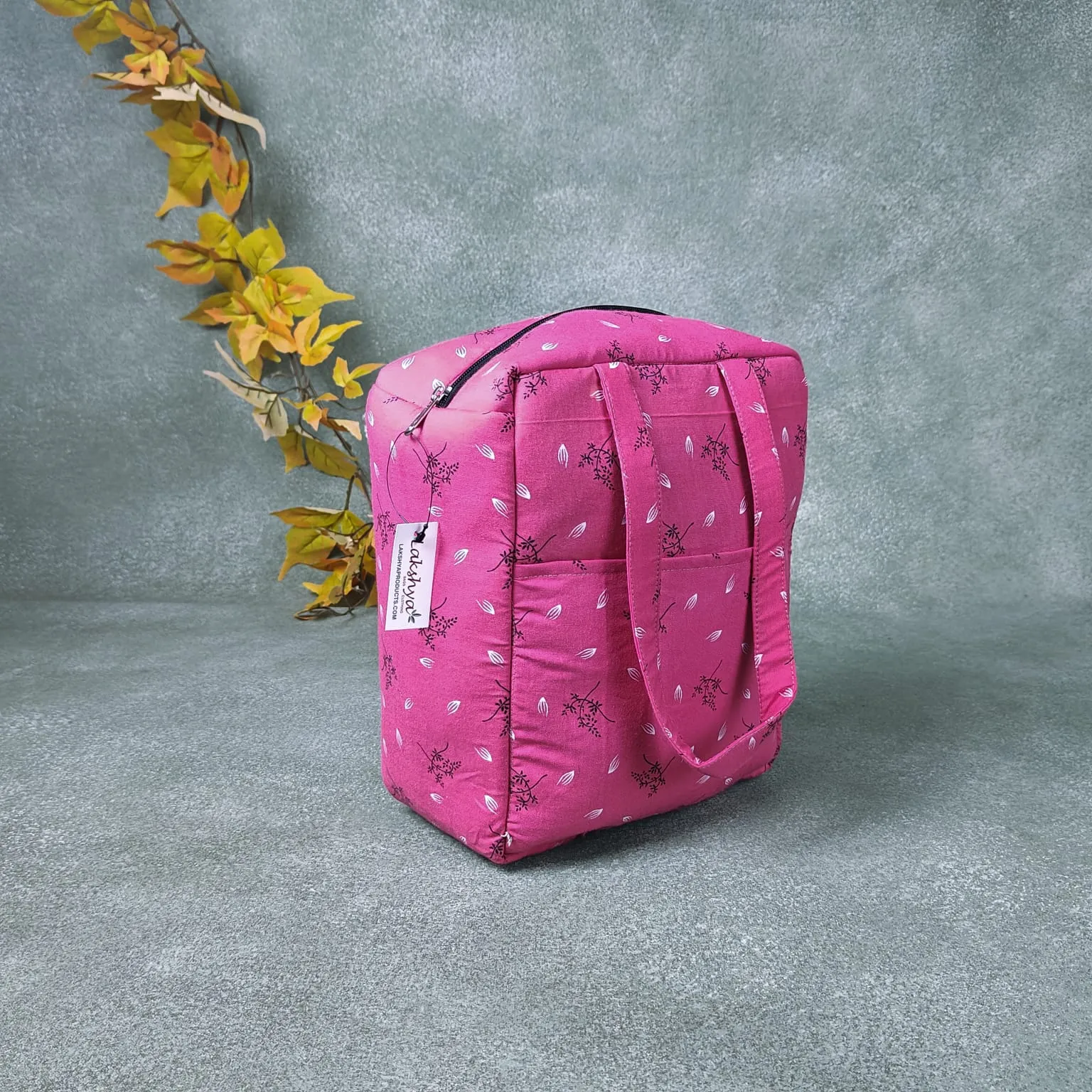 Water Proof Cotton Lunch Bag Pink with Designer Coral Prints